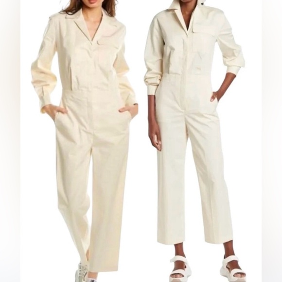 Theory Womens Ivory Collared Long Sleeve Full Length Jumpsuit Pockets, Sz 0 NWOT - Picture 2 of 13